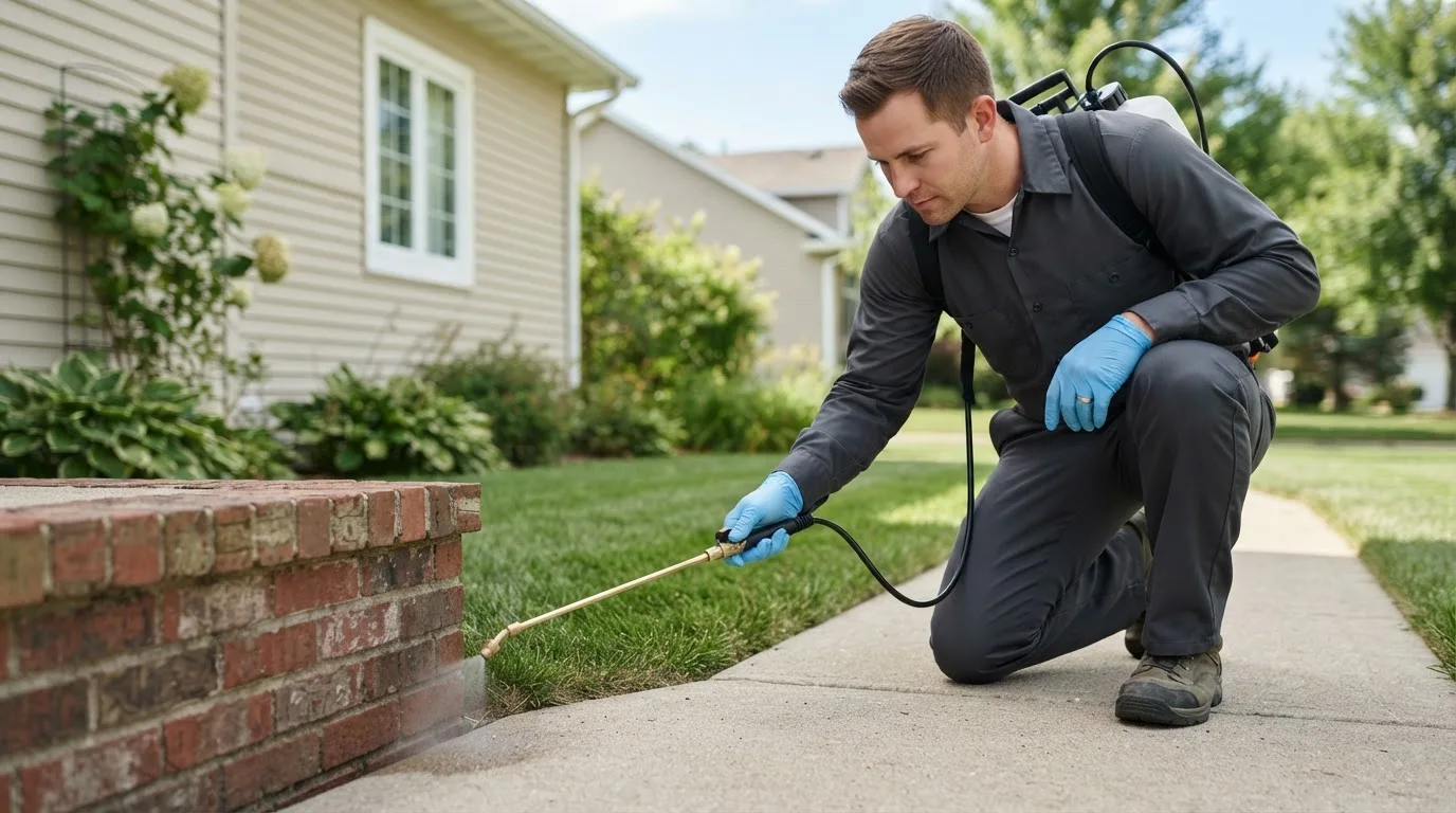 Pest control technician treating a home near Norwich, VT